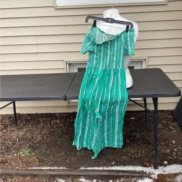 Country Club Chic Cleobella Jade stripe bardot jumpsuit sz large - Picture 3 of 8